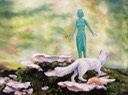 green woman and arctic fox on forest floor